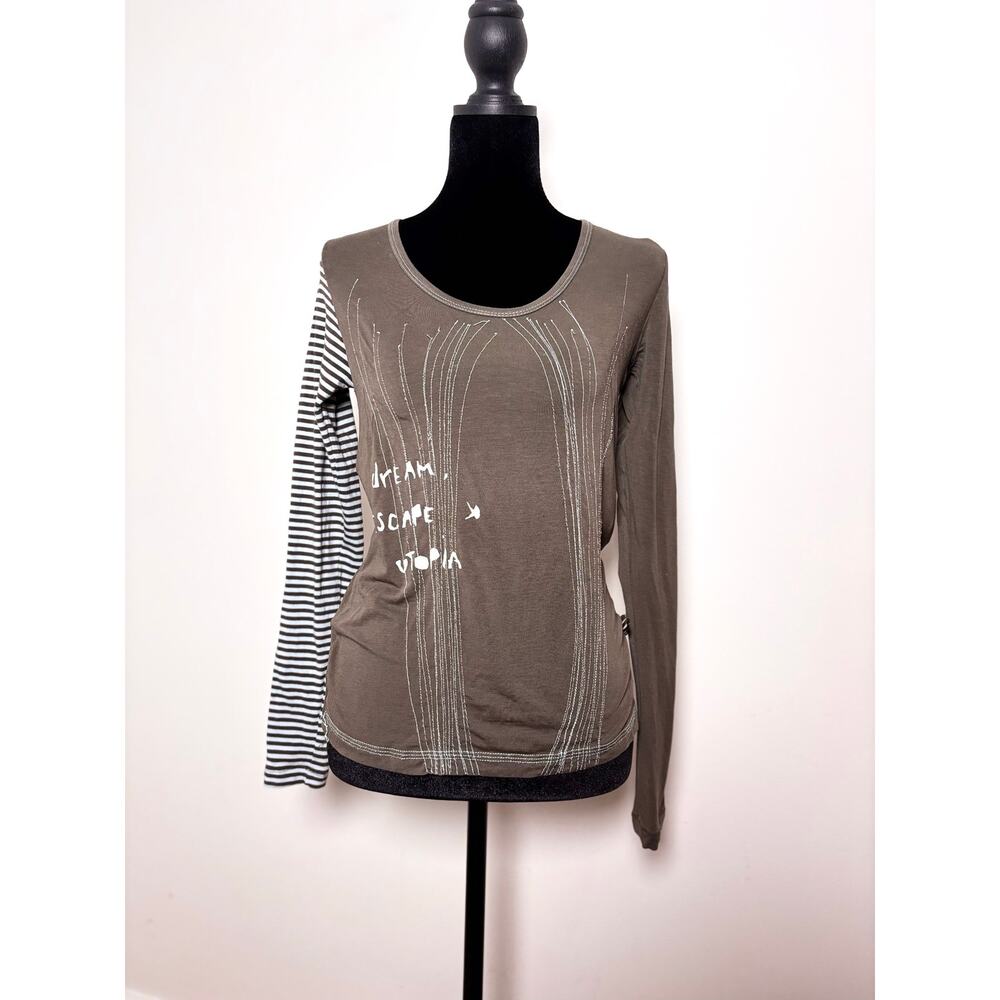 Vtg Y2K Cop Copine Brown Blue Contrast Stitching  Striped Sleeve Euro Top Sz S/M